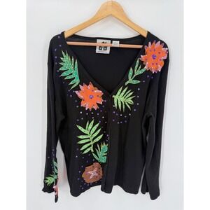 Storybook Knits Cardigan Sweater Womens XL 3D Sequins Art to Wear Retro Eclectic